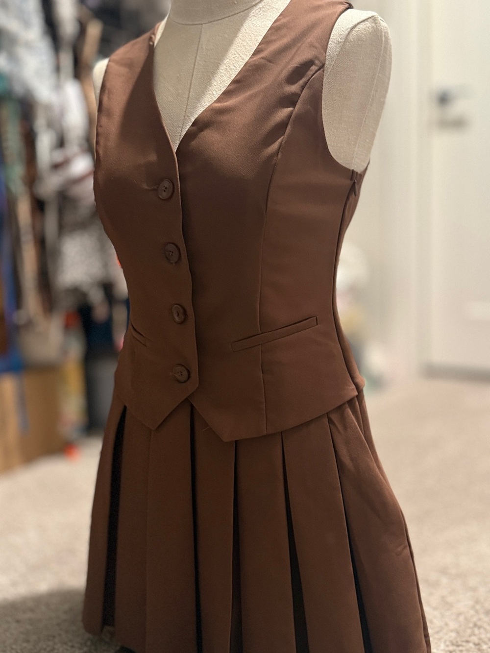 Brown Pleated Button-Front Vest Mini Dress- Tailored Women's Layering Piece